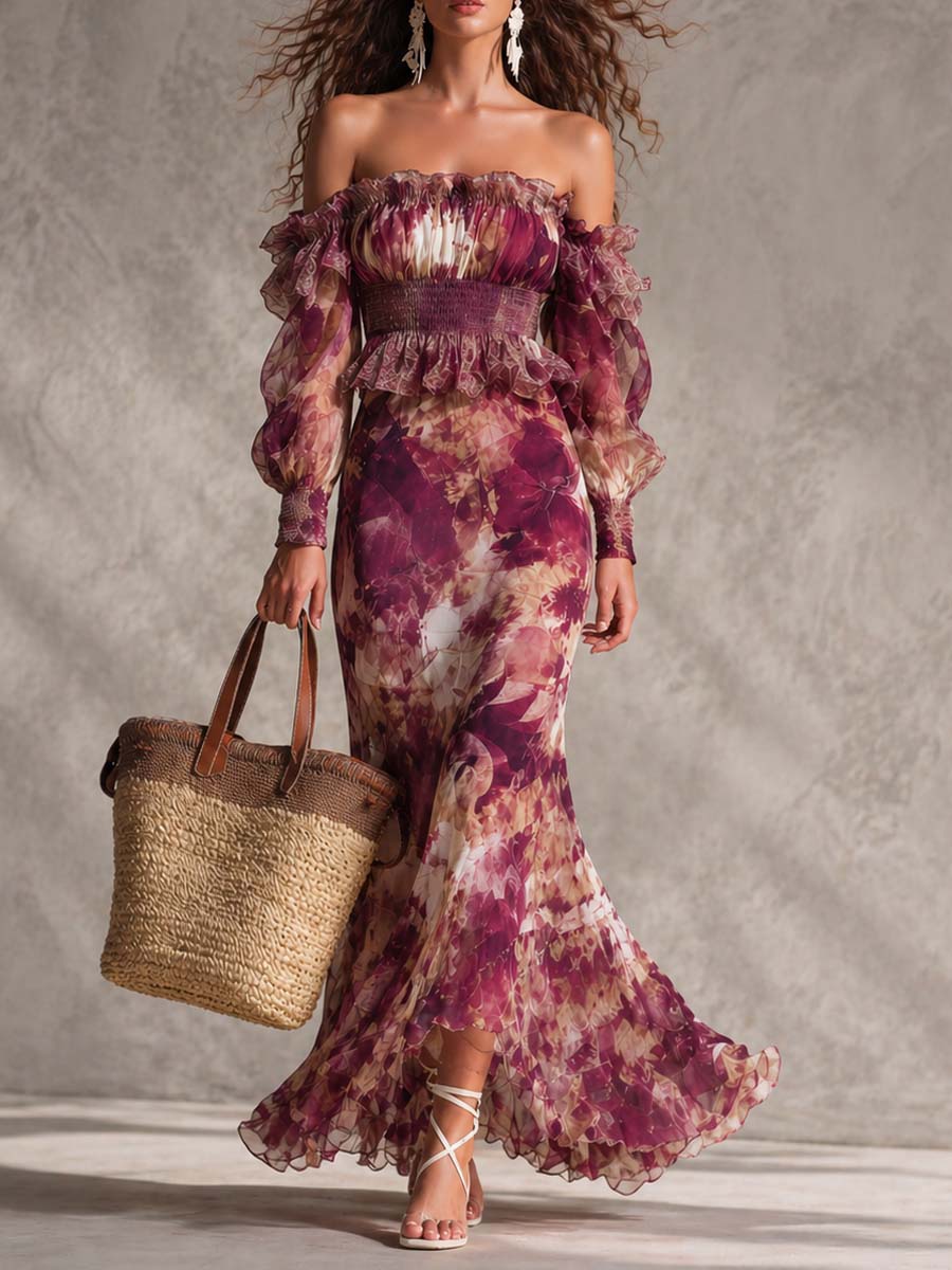Rózsaszín Virágmintás Off-Shoulder Chiffon Maxi Ruha