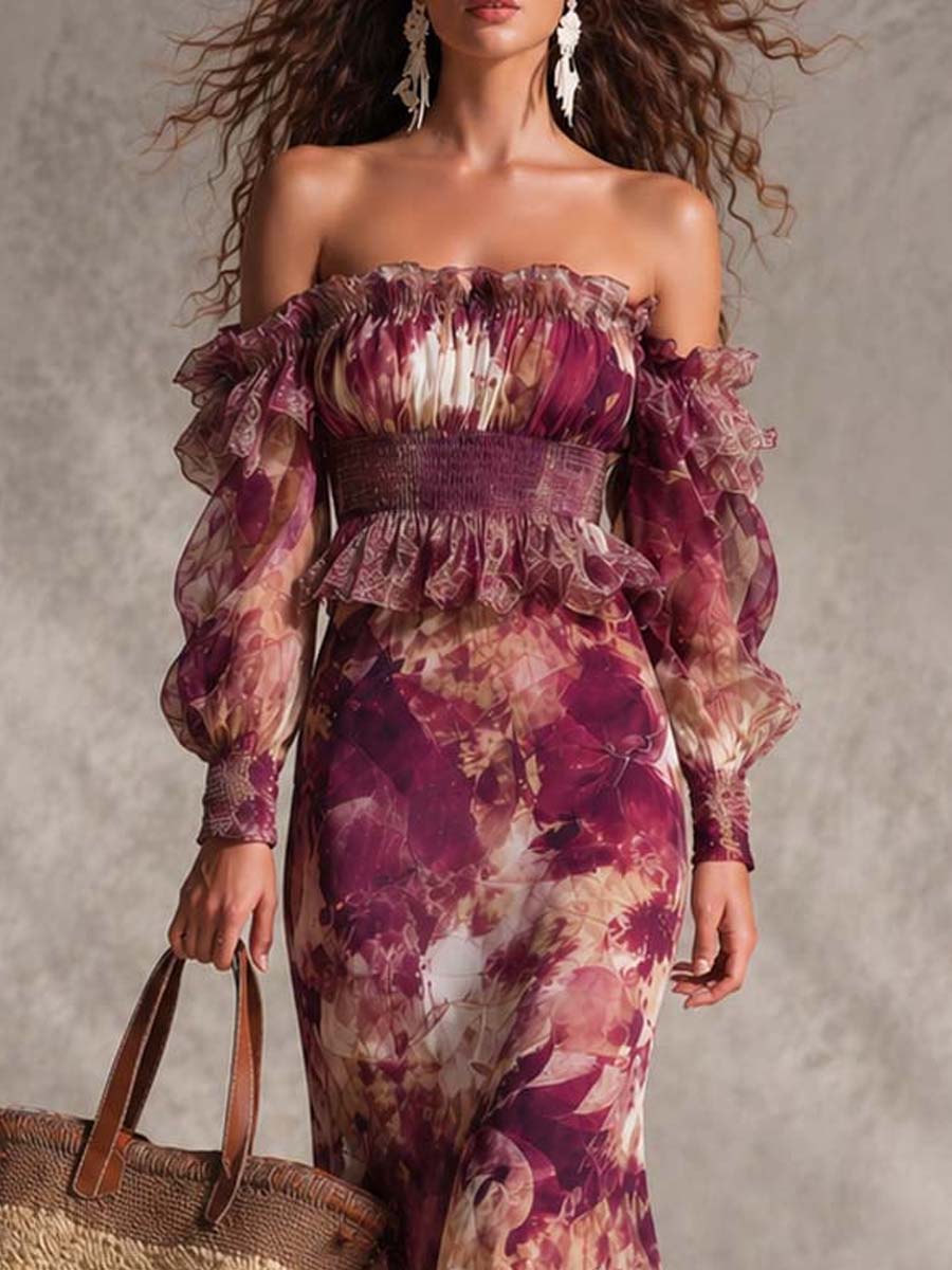 Rózsaszín Virágmintás Off-Shoulder Chiffon Maxi Ruha