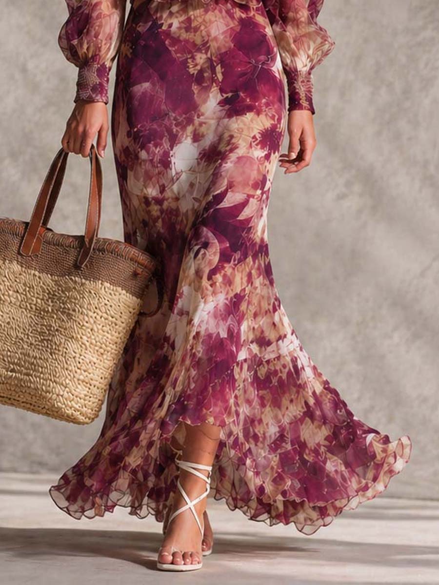 Rózsaszín Virágmintás Off-Shoulder Chiffon Maxi Ruha