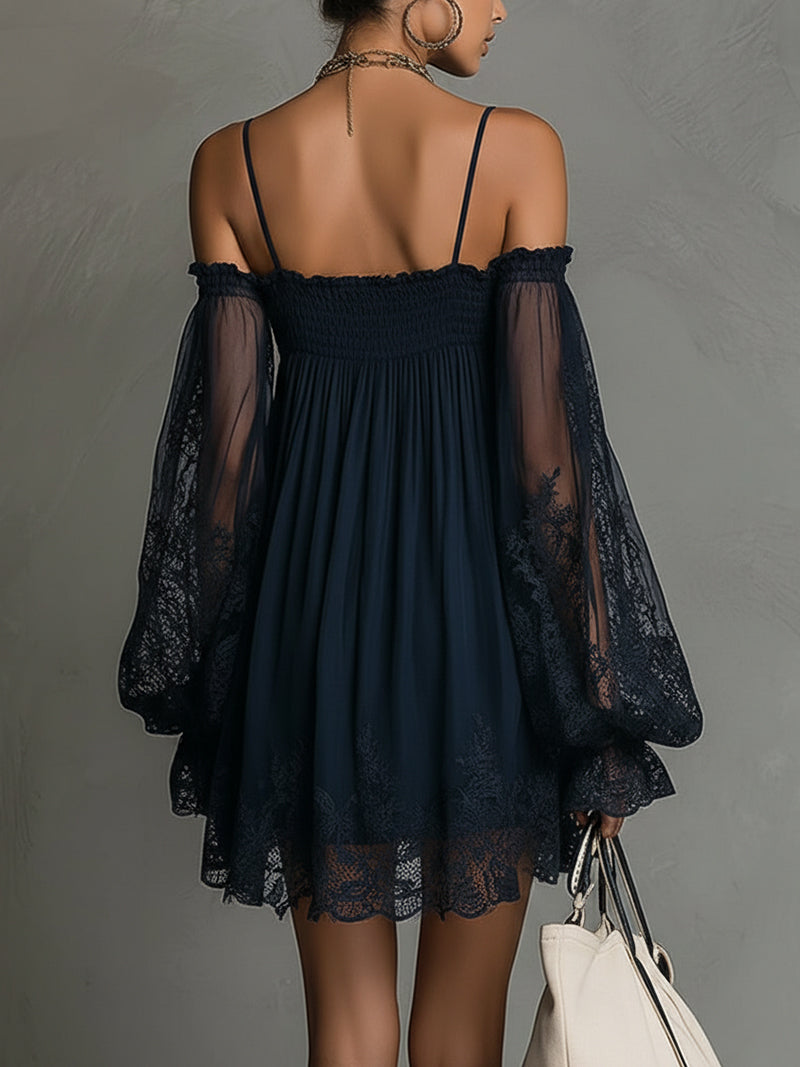Noémi | Sötétkék csipkés chiffon mini ruha