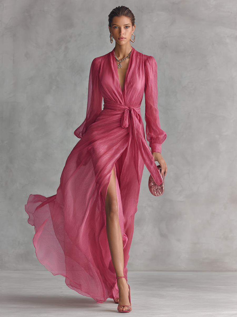 Rózsa | Rózsaszín gyöngyös chiffon maxi ruha