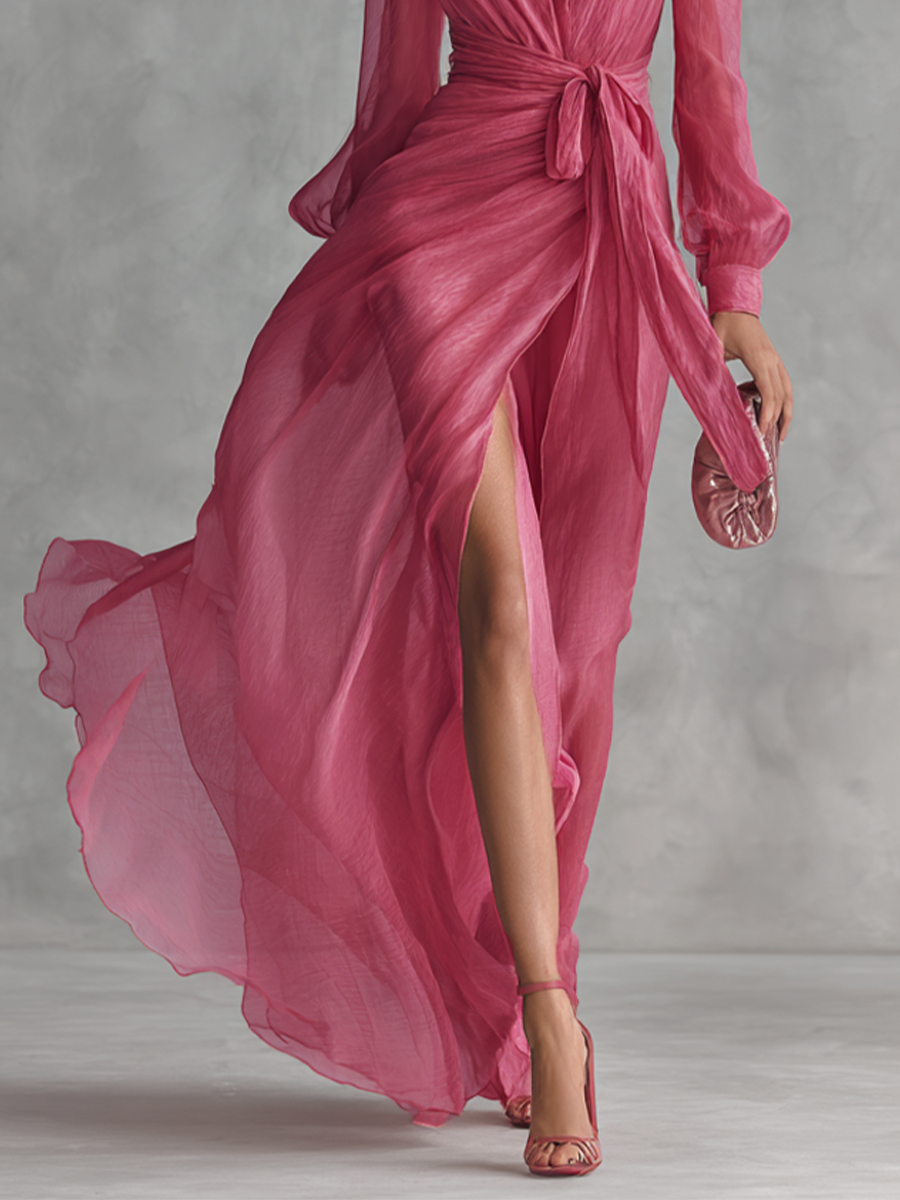 Rózsa | Rózsaszín gyöngyös chiffon maxi ruha