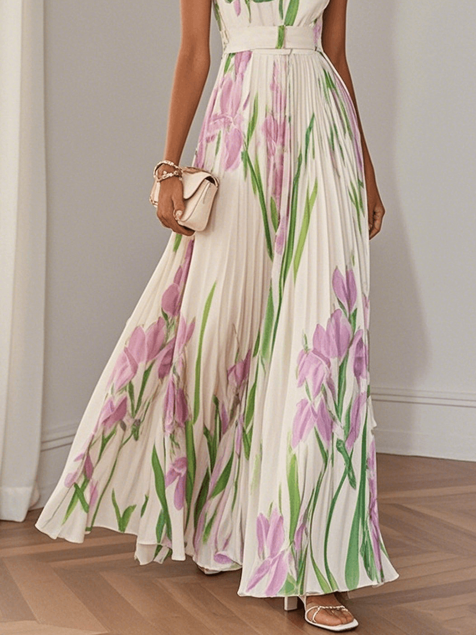 Flóra | Fehér virágmintás chiffon maxi ruha