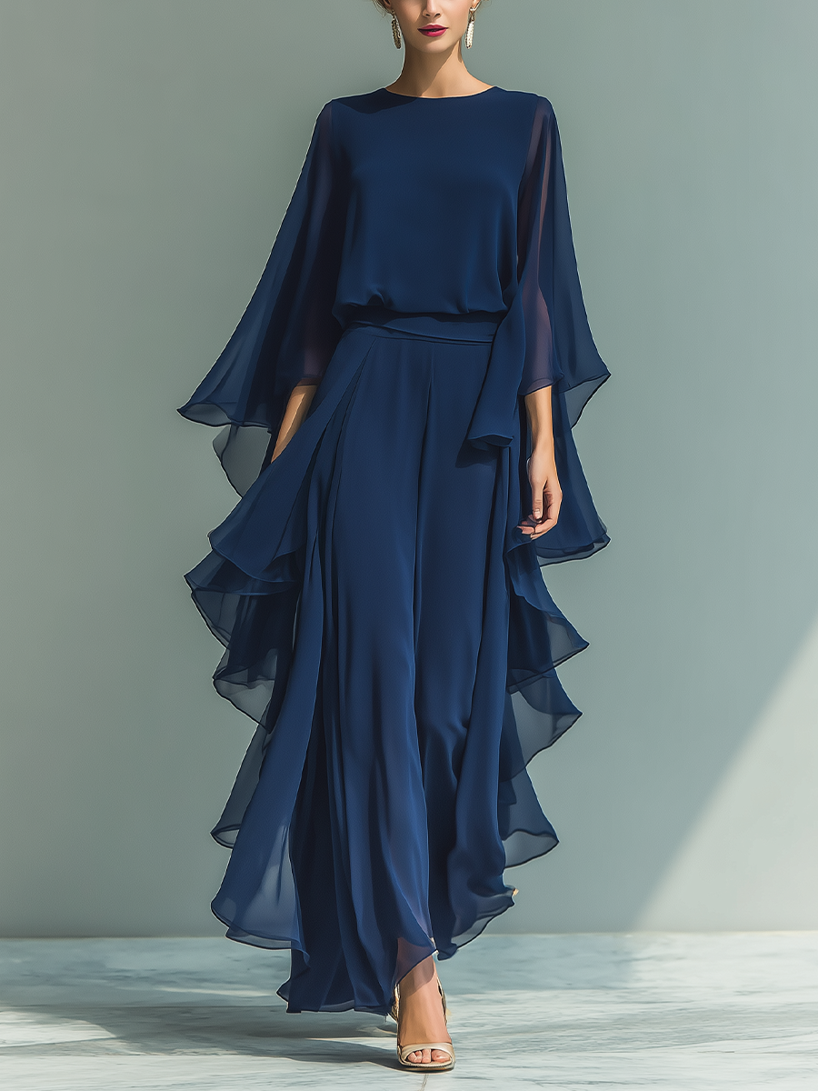 Zsanett | Sötétkék chiffon szett – top és nadrág