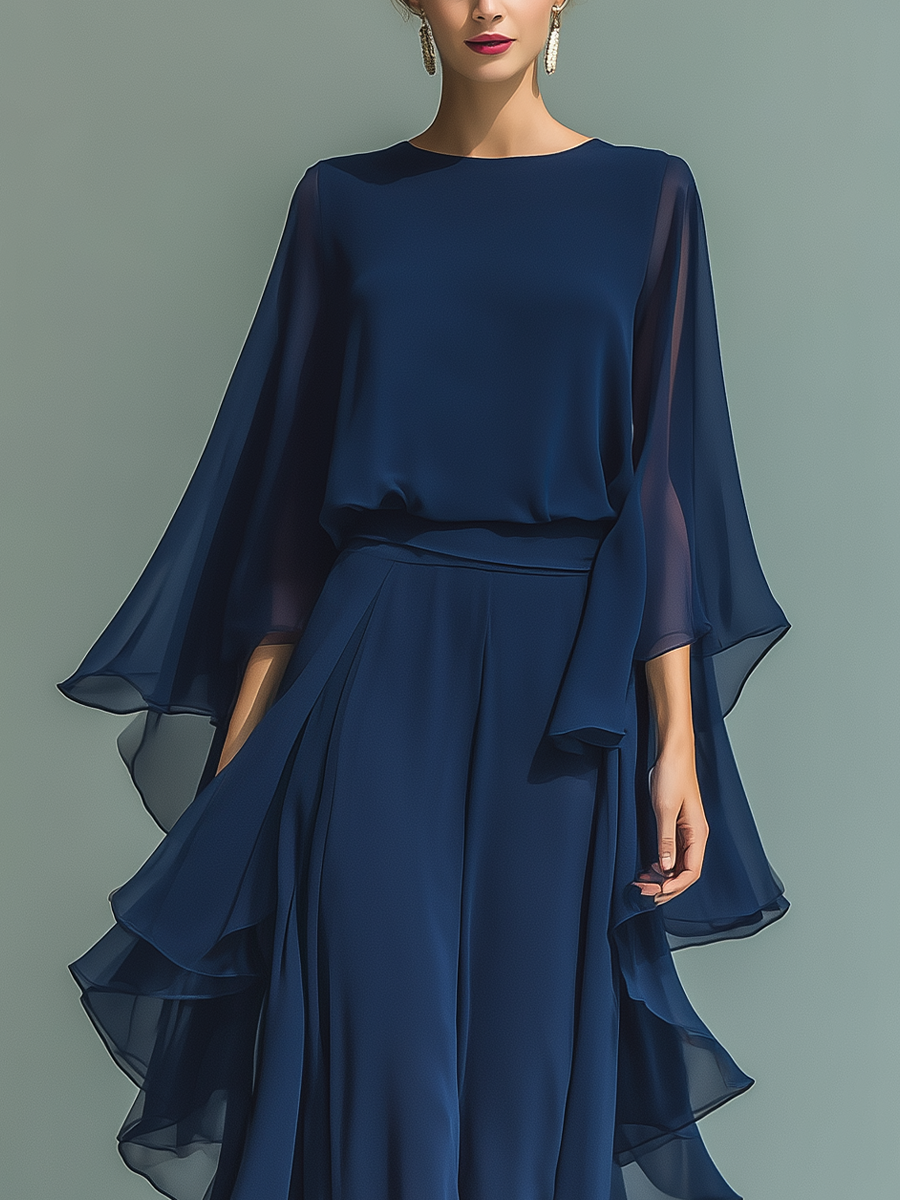 Zsanett | Sötétkék chiffon szett – top és nadrág