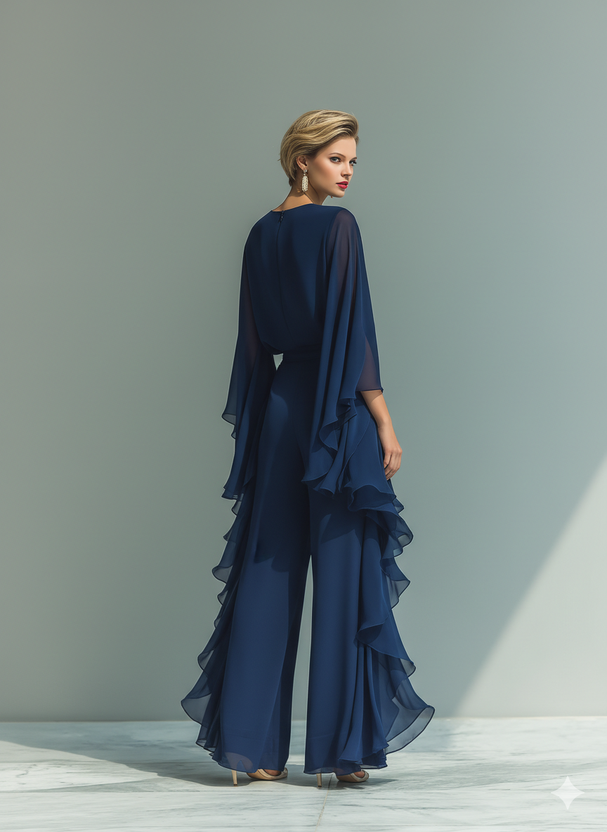 Zsanett | Sötétkék chiffon szett – top és nadrág