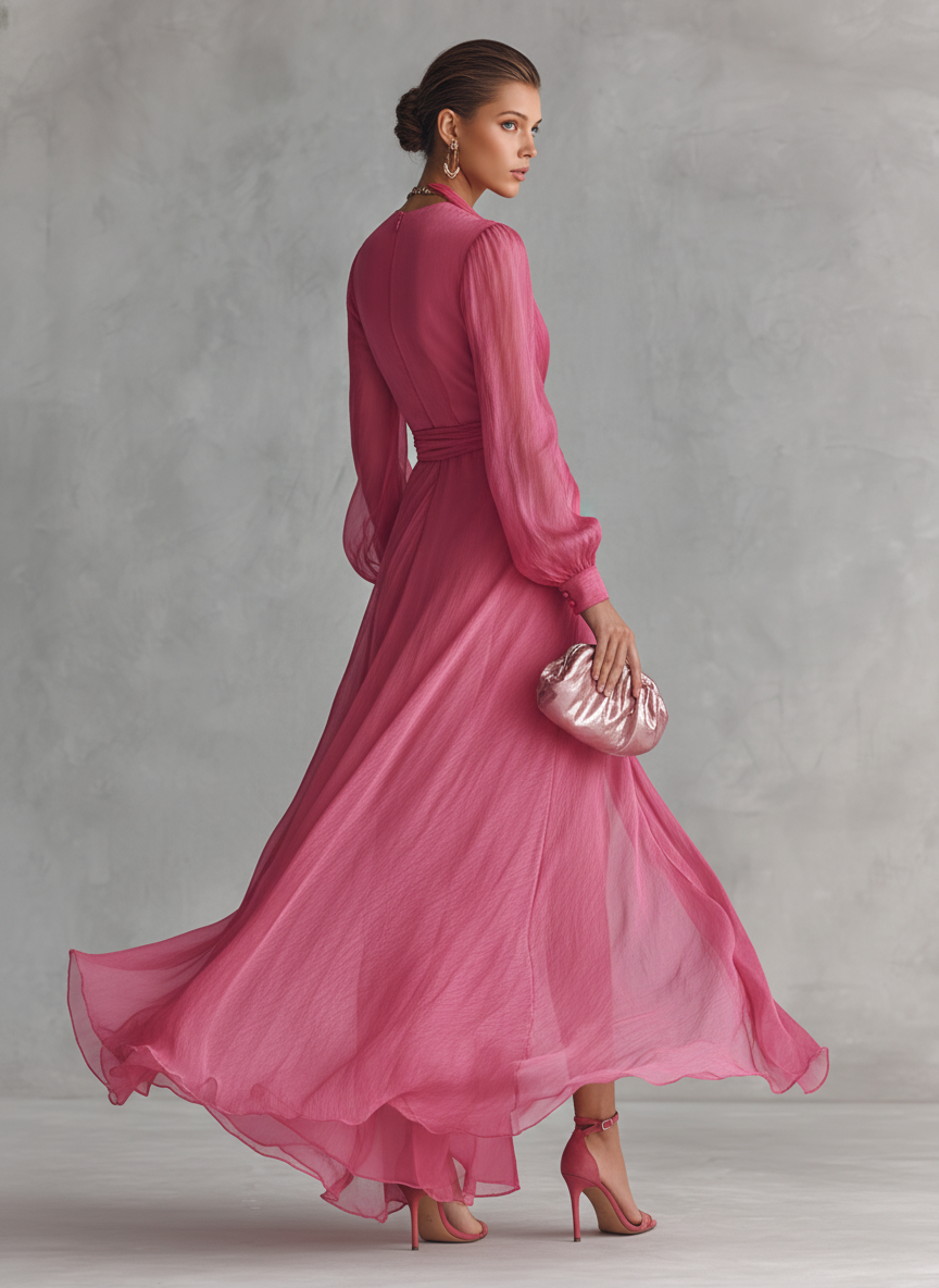 Rózsa | Rózsaszín gyöngyös chiffon maxi ruha