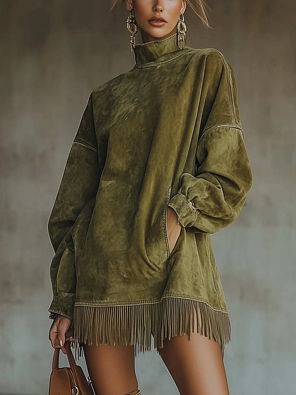 Amalia ║ Suede ruha magas nyakkal és rojtos szegéllyel