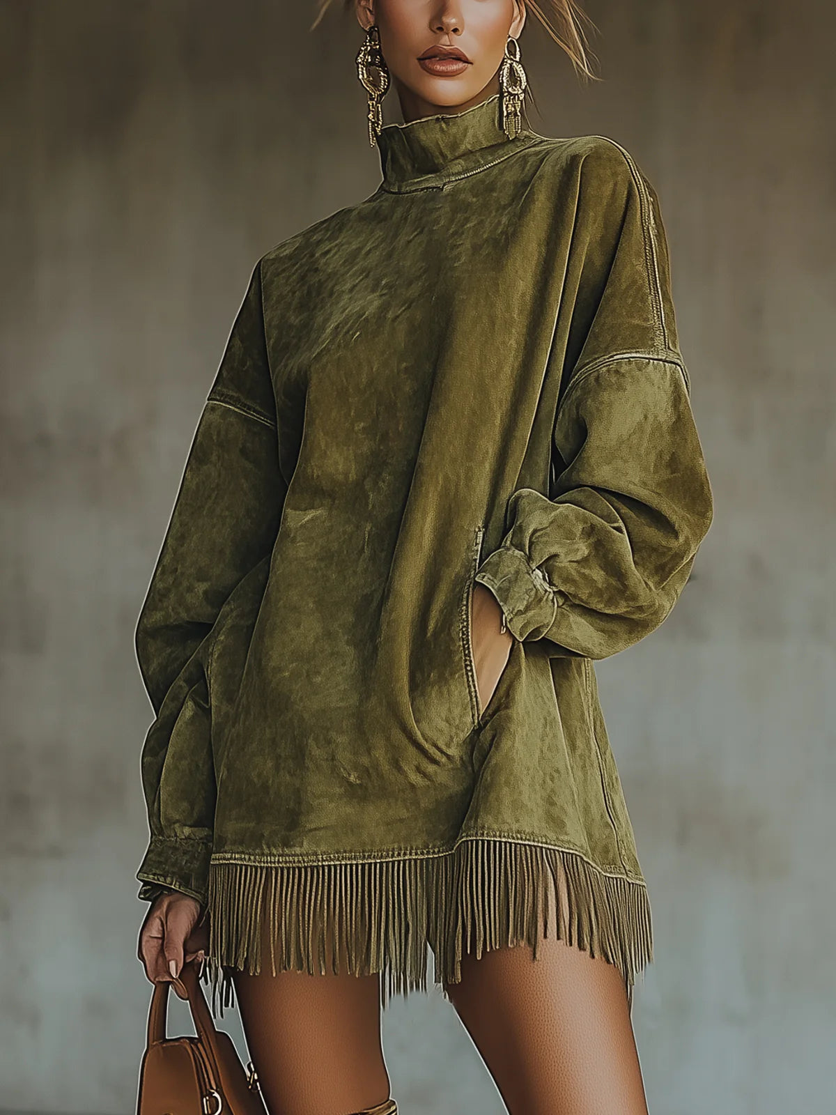 Amalia ║ Suede ruha magas nyakkal és rojtos szegéllyel