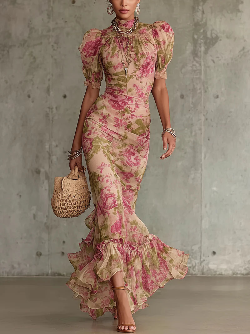 Rozália | Vintage rózsaszín puffujjú maxi ruha