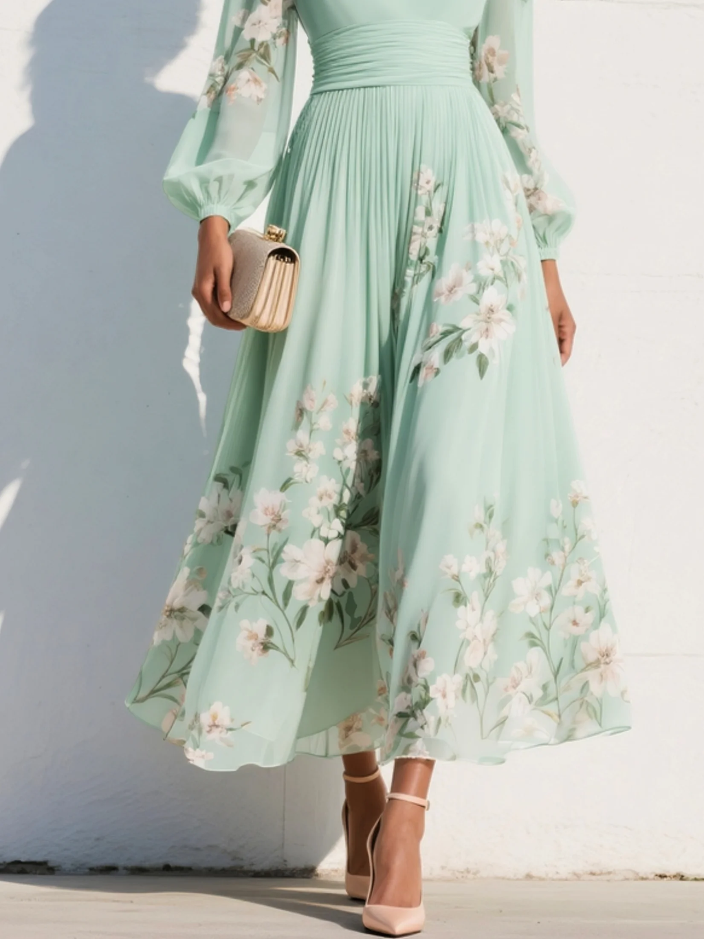 Menta | Zöld virágmintás chiffon maxi ruha
