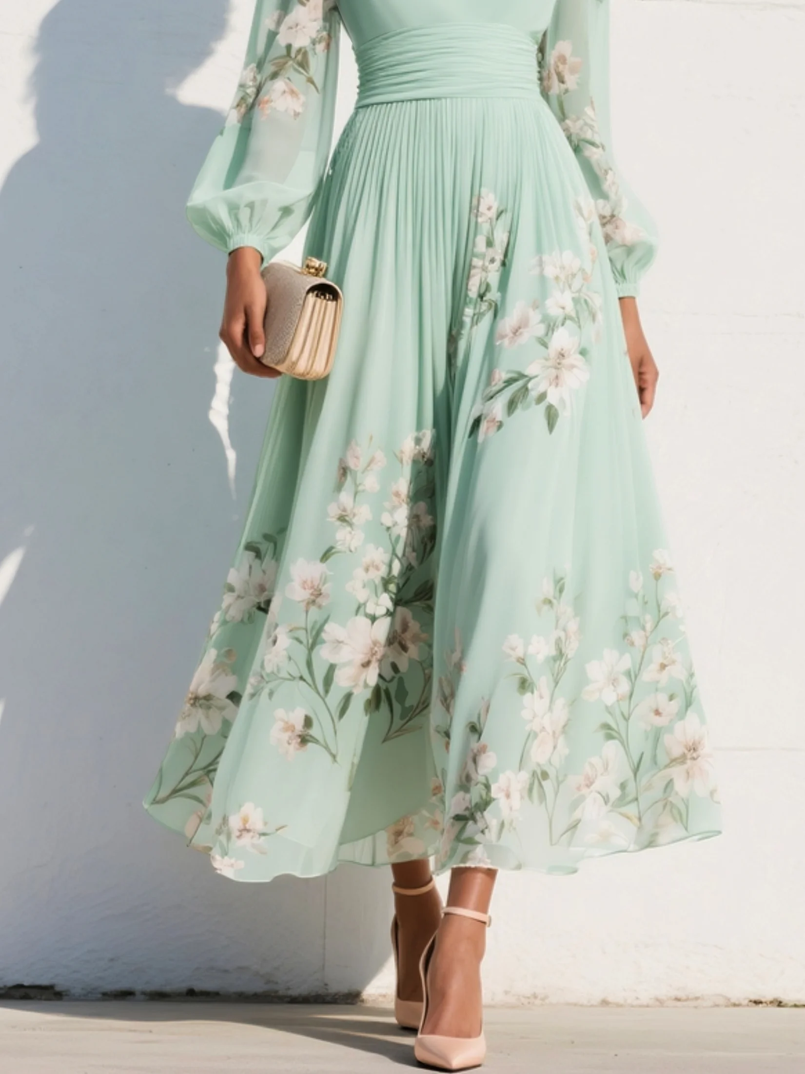 Menta | Zöld virágmintás chiffon maxi ruha