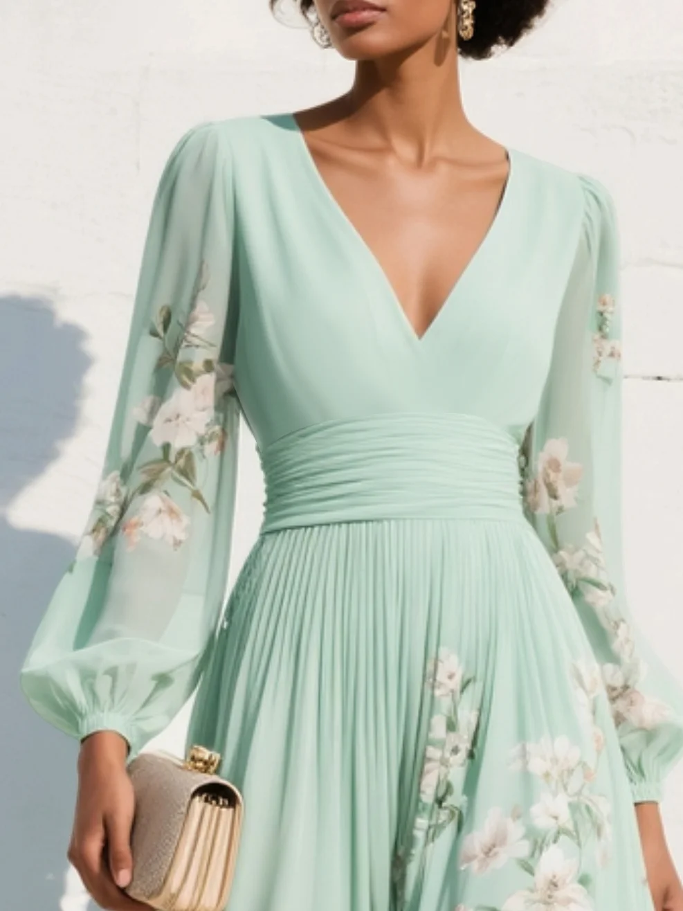 Menta | Zöld virágmintás chiffon maxi ruha