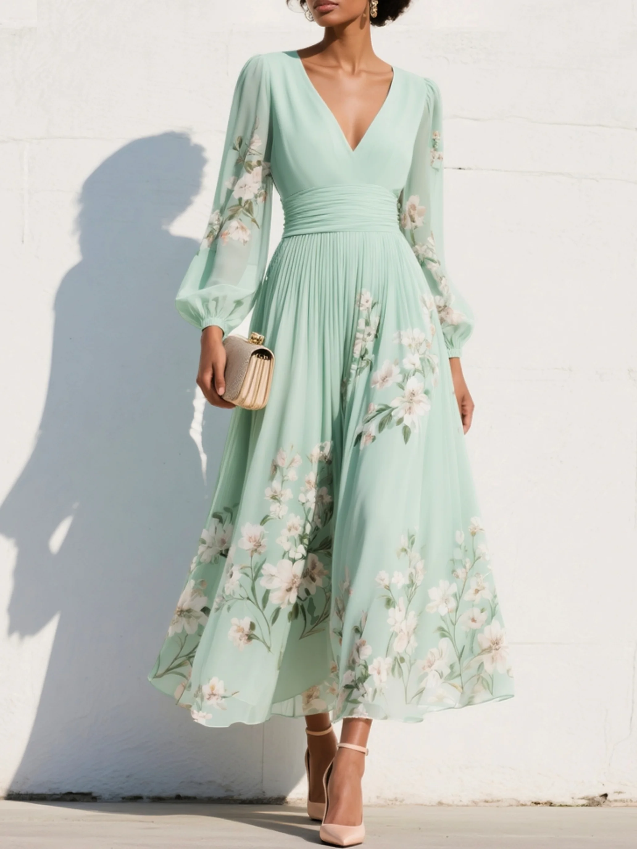 Menta | Zöld virágmintás chiffon maxi ruha
