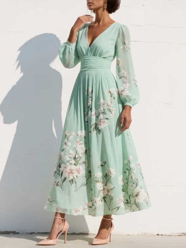 Menta | Zöld virágmintás chiffon maxi ruha