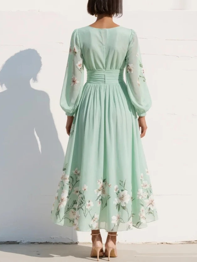 Menta | Zöld virágmintás chiffon maxi ruha