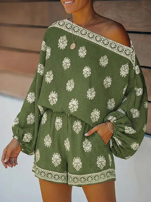 Barokk Nyomtatott Off-Shoulder Lámpás Ujjú Rövidnadrág Overál