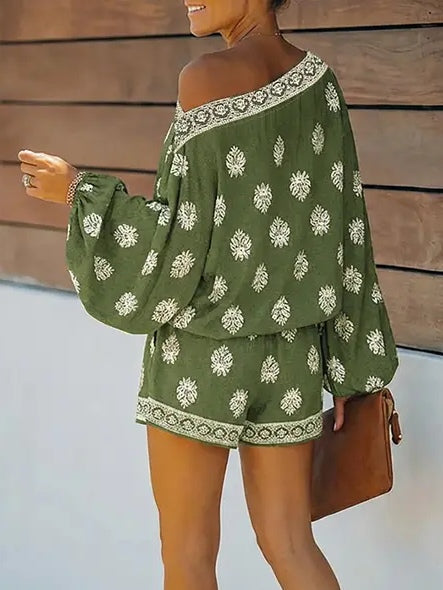 Barokk Nyomtatott Off-Shoulder Lámpás Ujjú Rövidnadrág Overál