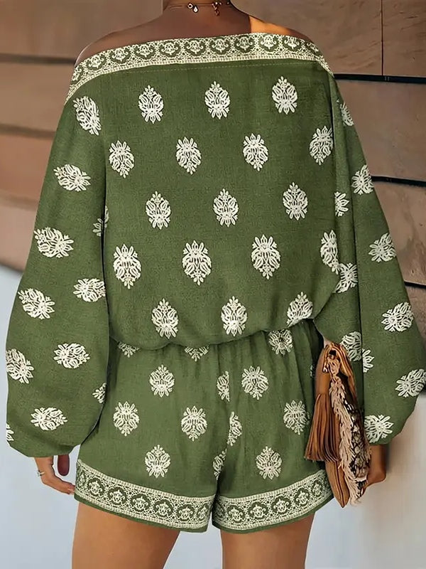 Barokk Nyomtatott Off-Shoulder Lámpás Ujjú Rövidnadrág Overál