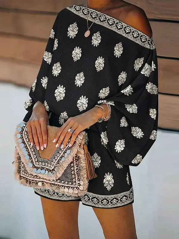 Barokk Nyomtatott Off-Shoulder Lámpás Ujjú Rövidnadrág Overál