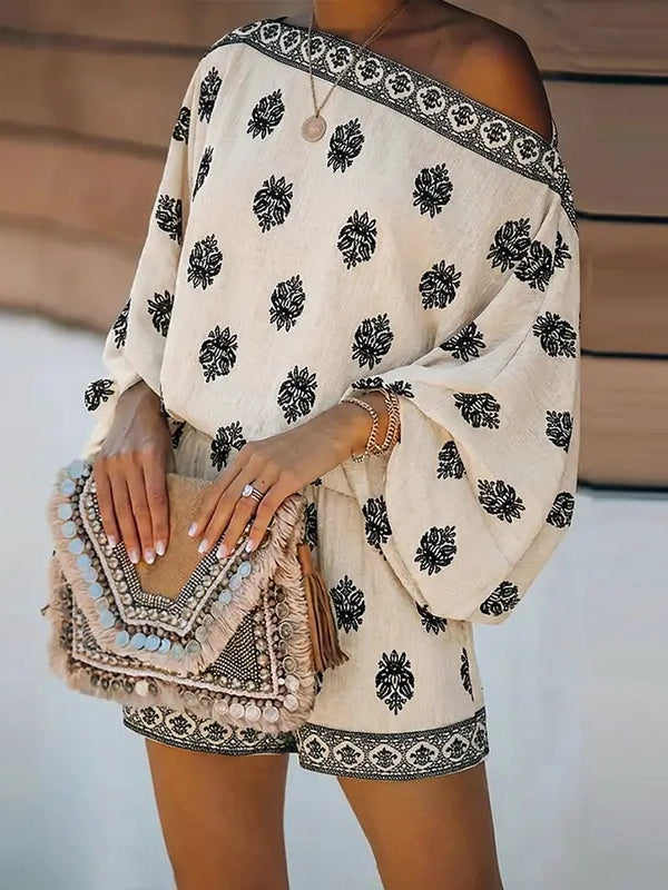 Barokk Nyomtatott Off-Shoulder Lámpás Ujjú Rövidnadrág Overál