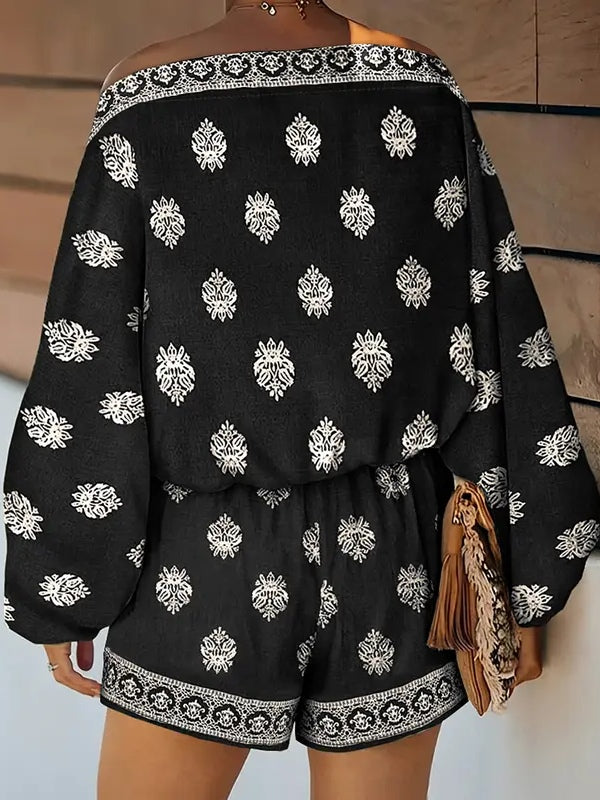Barokk Nyomtatott Off-Shoulder Lámpás Ujjú Rövidnadrág Overál
