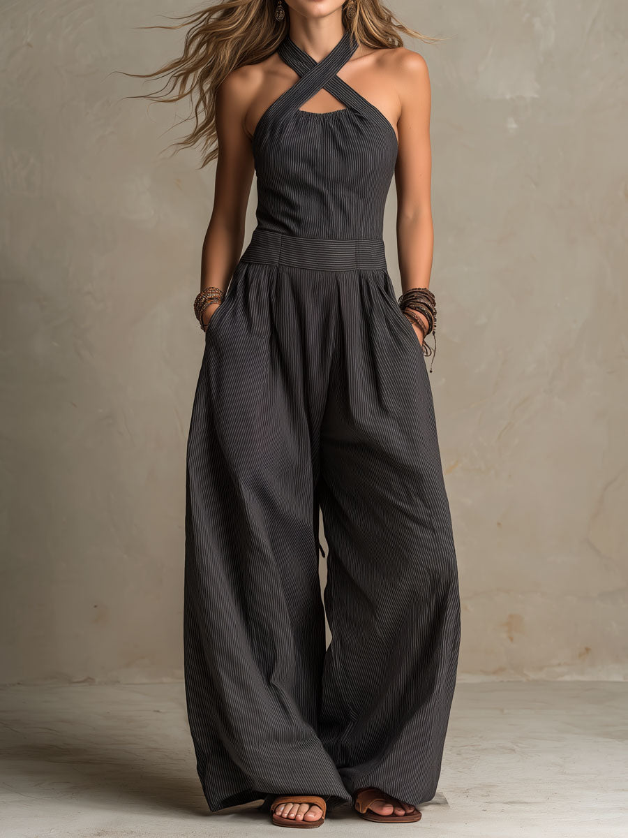 Boho Szénszürke Keresztpántos Halter Csíkos Széles Nadrágú Overál
