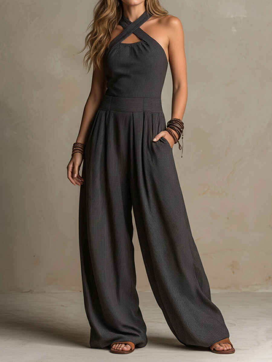 Boho Szénszürke Keresztpántos Halter Csíkos Széles Nadrágú Overál