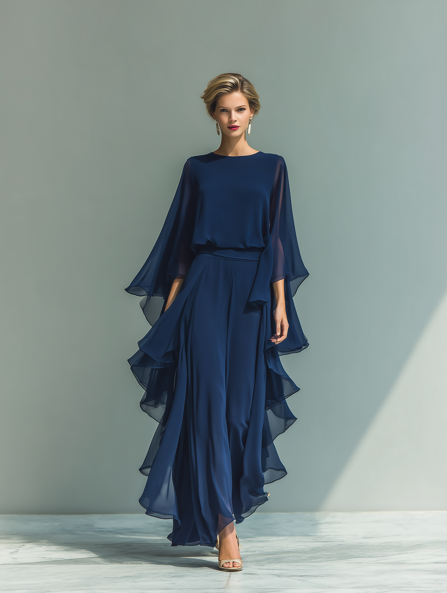 Zsanett | Sötétkék chiffon szett – top és nadrág