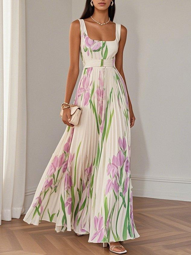 Flóra | Fehér virágmintás chiffon maxi ruha
