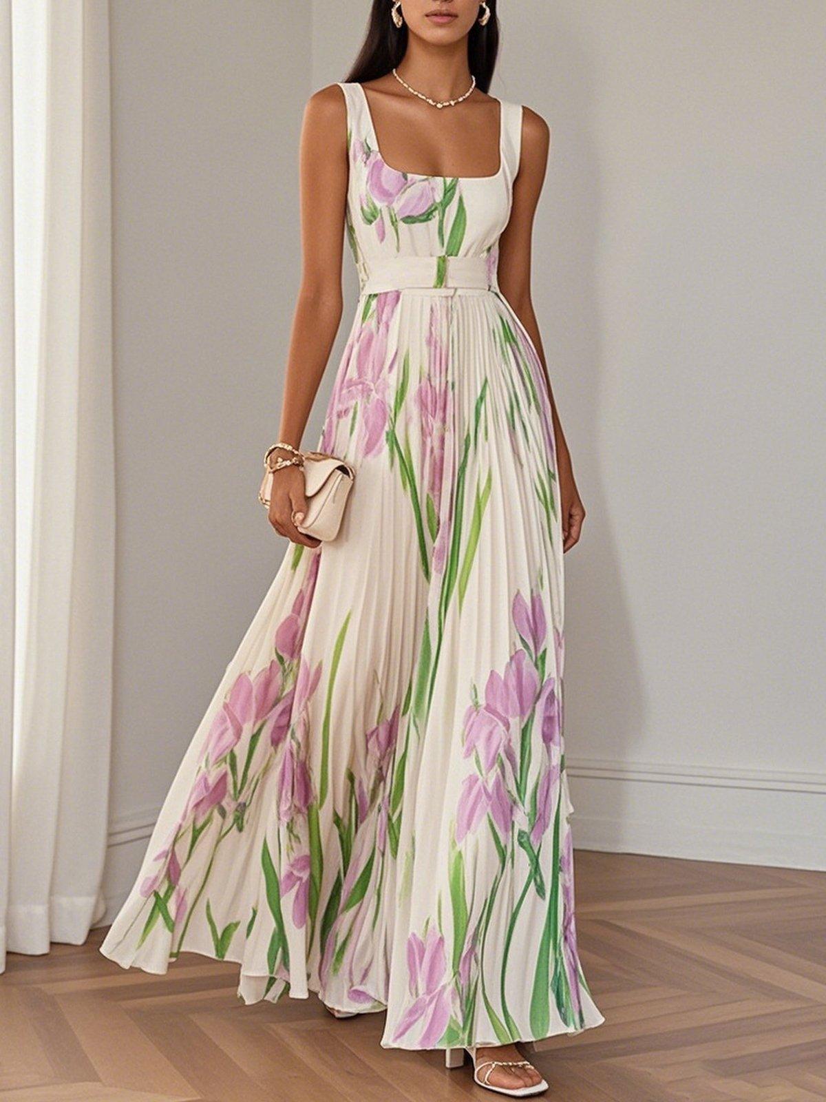 Flóra | Fehér virágmintás chiffon maxi ruha
