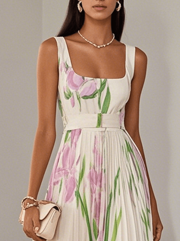 Flóra | Fehér virágmintás chiffon maxi ruha