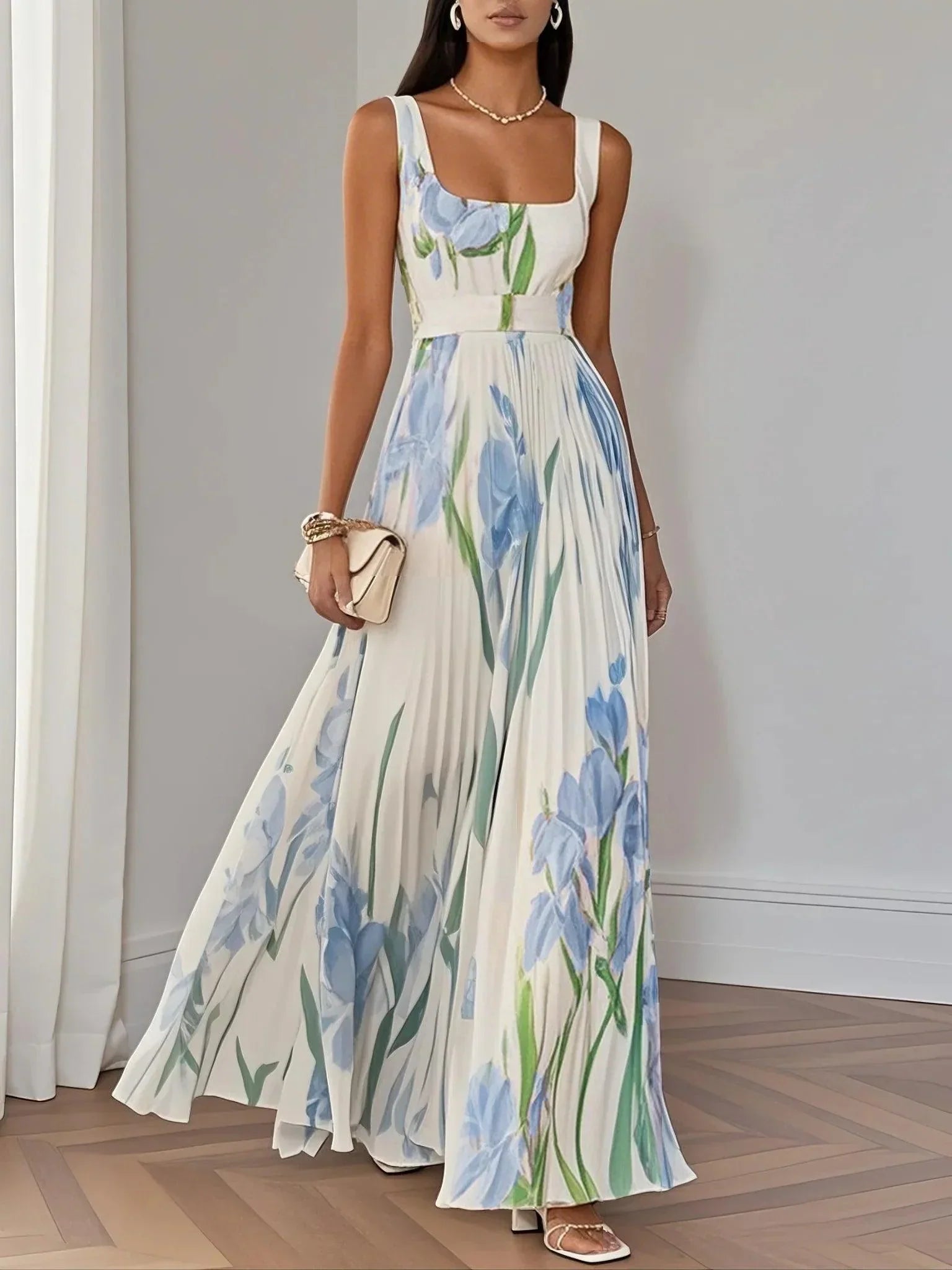 Flóra | Fehér virágmintás chiffon maxi ruha