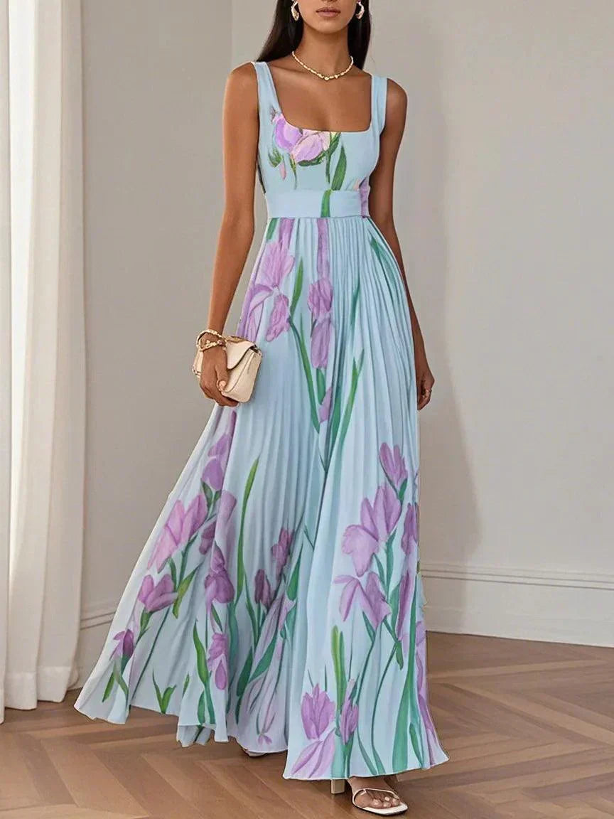 Flóra | Fehér virágmintás chiffon maxi ruha