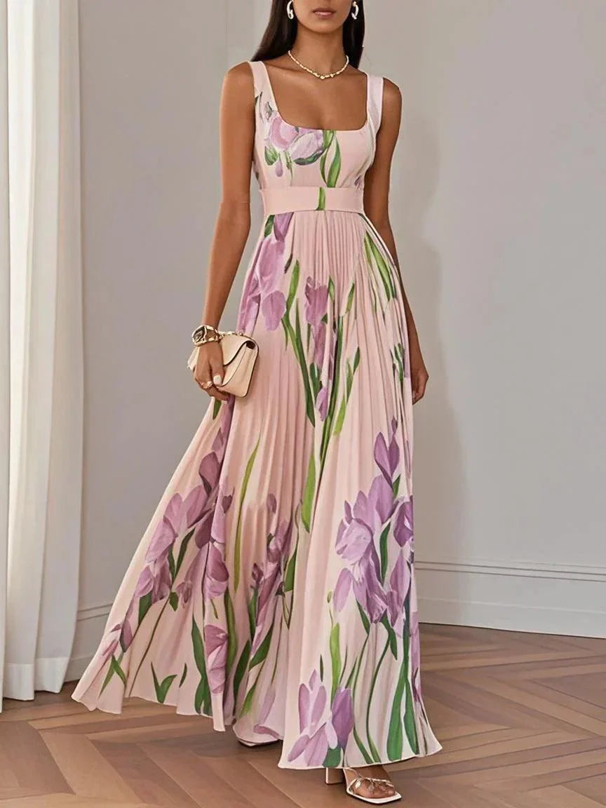 Flóra | Fehér virágmintás chiffon maxi ruha