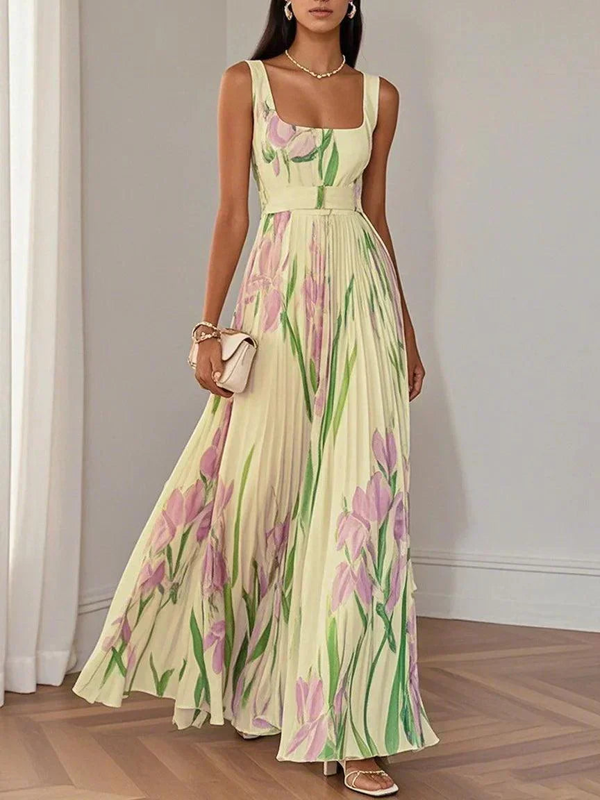 Flóra | Fehér virágmintás chiffon maxi ruha